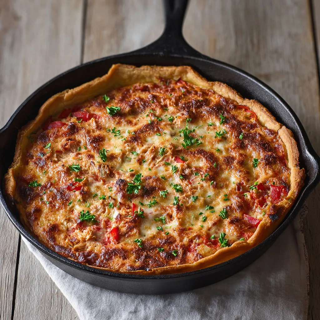 Tarte thon façon Sud, garnie de poivrons, tomates et oignon rouge sur une base crémeuse aux œufs.