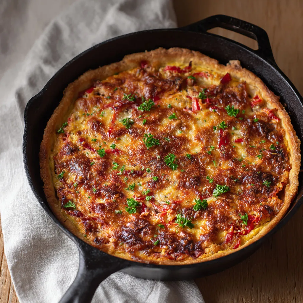 Tarte salée dorée et fondante, melangeant thon, légumes du Sud et fromage doré.