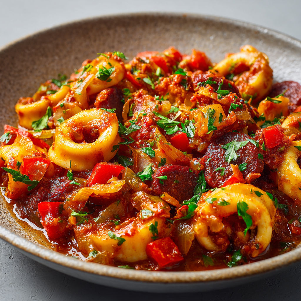 Des calamars et du chorizo mijotés servis dans un bol.
