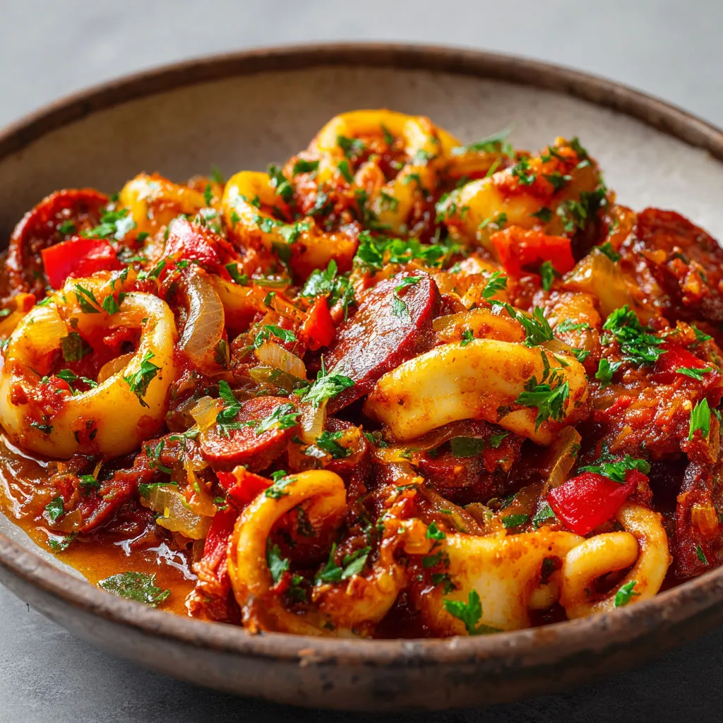 Calamars et chorizo mijotés dans une sauce parfumée à la tomate et au vin blanc, avec des dés de poivron.