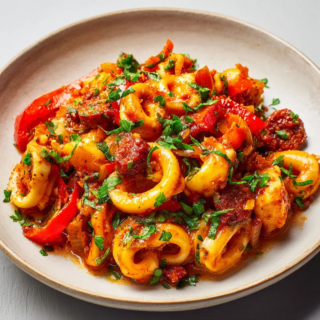Poêlée aux saveurs méditerranéennes, calamars tendres, chorizo parfumé et herbes fraîches.