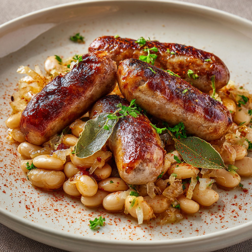 Assiette gourmande de haricots blancs et saucisses catalanes dorées.