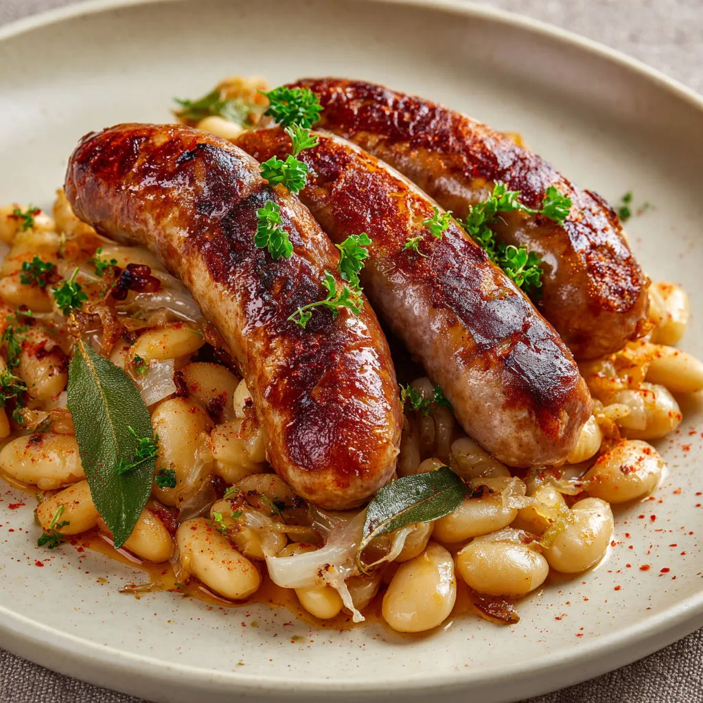 Belles saucisses catalanes grillées avec haricots blancs, ail, oignon et paprika doux.