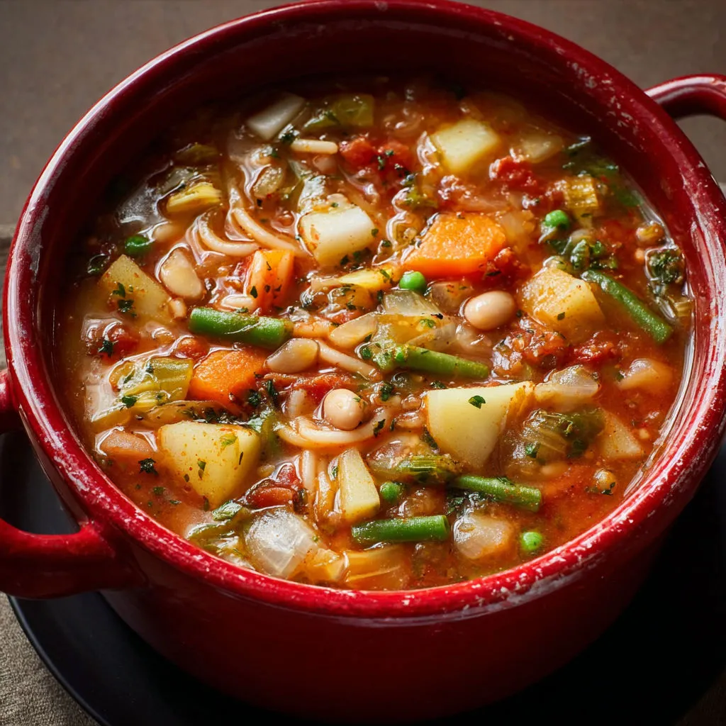 Soupe paysanne à l’italienne, pleine de légumes frais, haricots blancs et pâte, avec lard et bouillon savoureux.