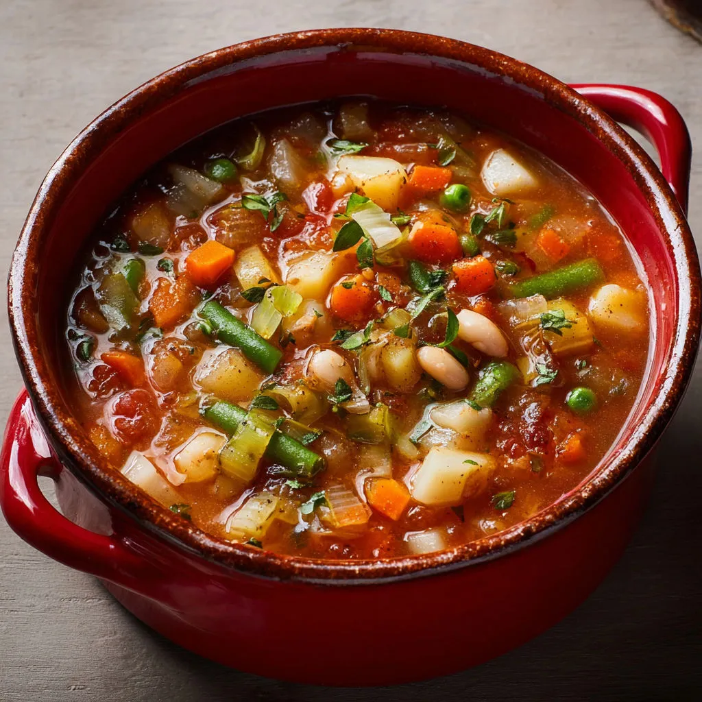 Minestrone onctueux avec légumes variés, haricots blancs, pommes de terre et spaghetti, surmonté de fromage râpé.