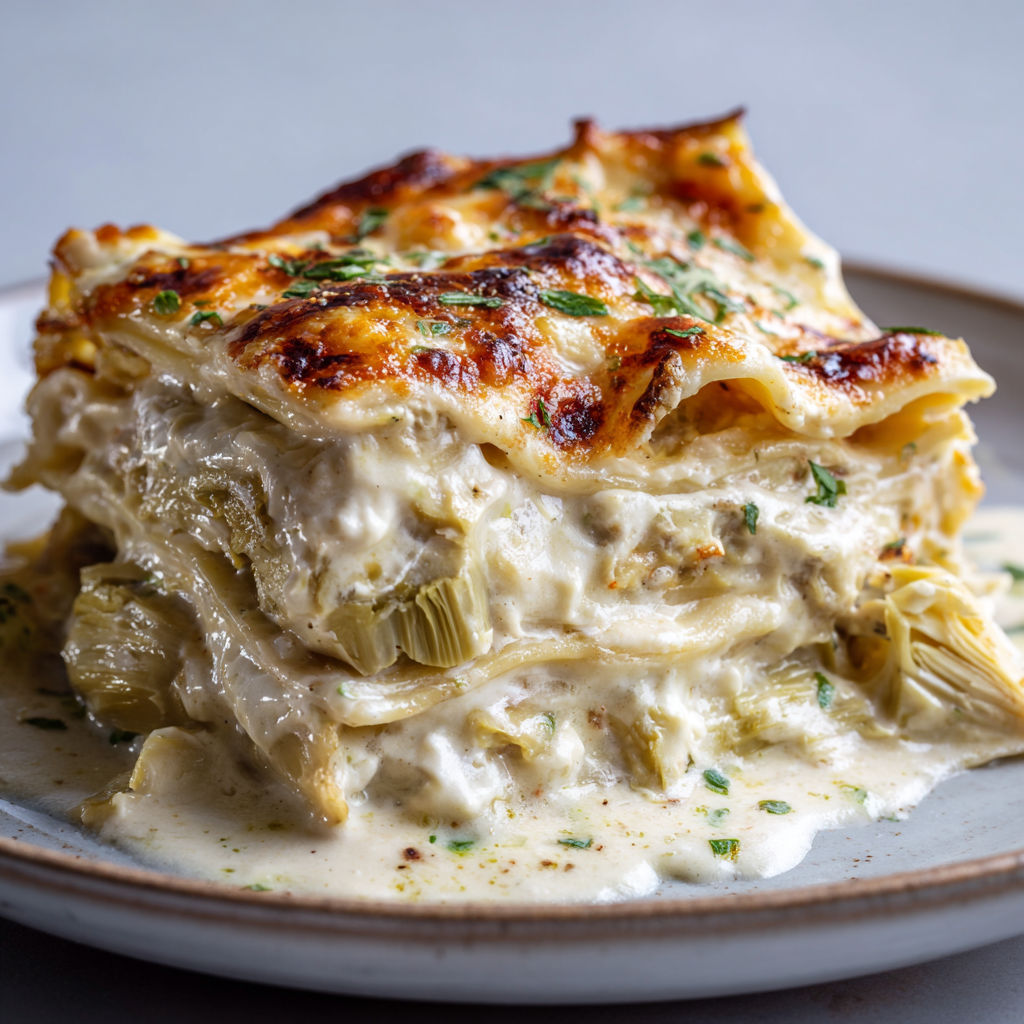 Un plat garni de lasagnes avec une sauce béchamel onctueuse et des artichauts dorés.