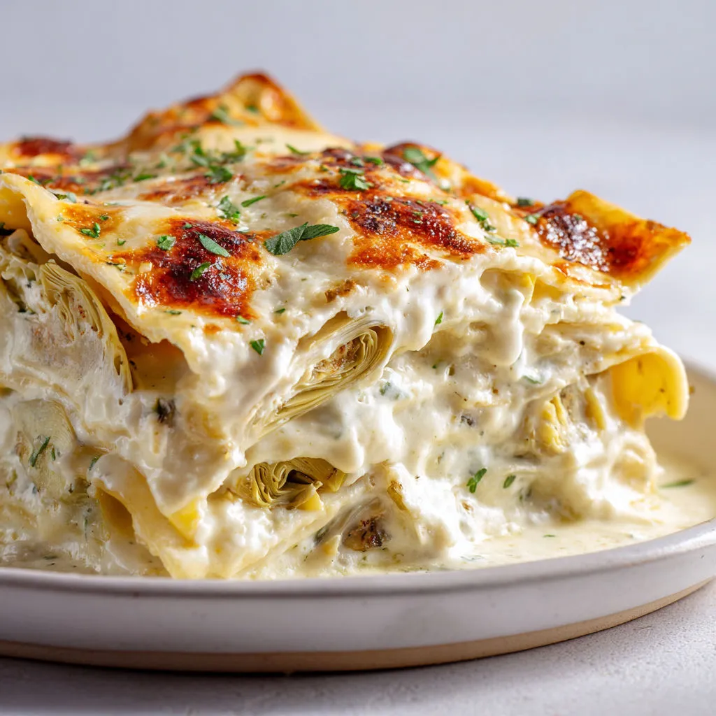 Un plat de lasagnes blanches avec ricotta crémeuse, béchamel fondante et artichauts à l’ail.
