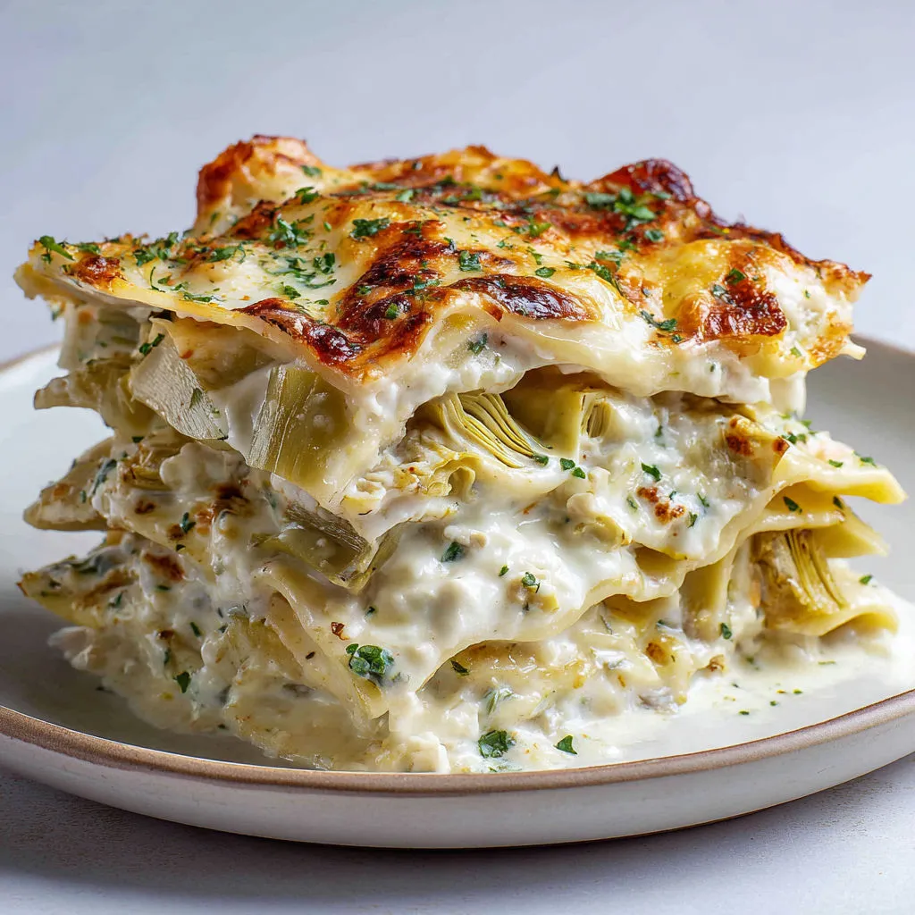 Lasagnes blanches avec ricotta délicieuse, béchamel onctueuse et artichauts savoureux à l’ail.