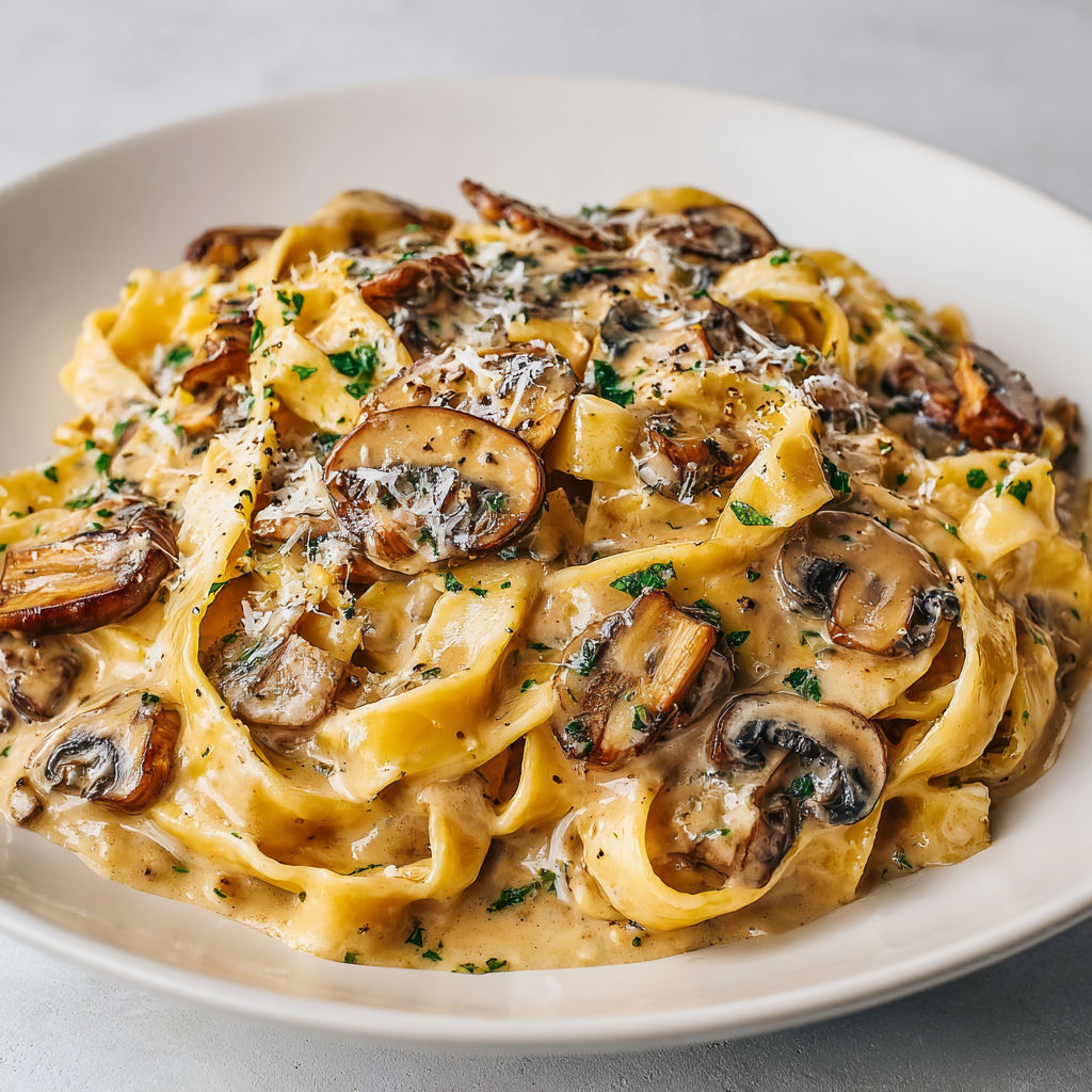 Assiette de pâtes avec champignons, ail et fromage servie simplement à table.