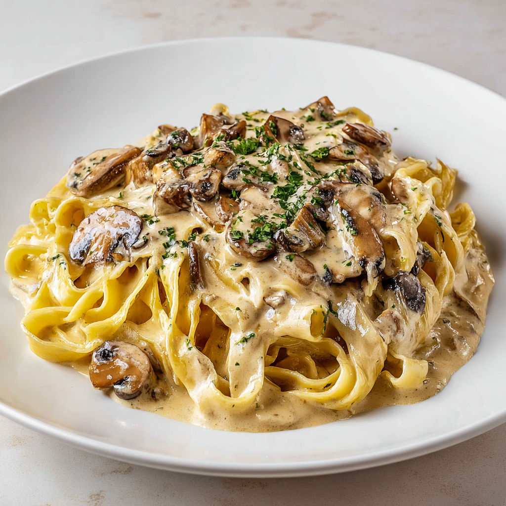 Tagliatelle moelleuses et champignons bien dorés à l’ail nappés d’un jus réduit à l’huile d’olive sel et poivre le tout gratiné fraîchement au parmesan.