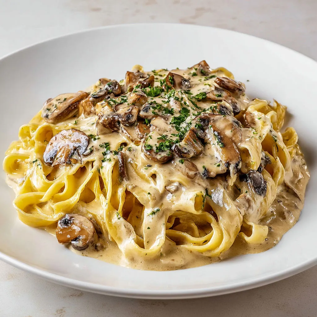 Tagliatelle moelleuses et champignons bien dorés à l’ail nappés d’un jus réduit à l’huile d’olive sel et poivre le tout gratiné fraîchement au parmesan.