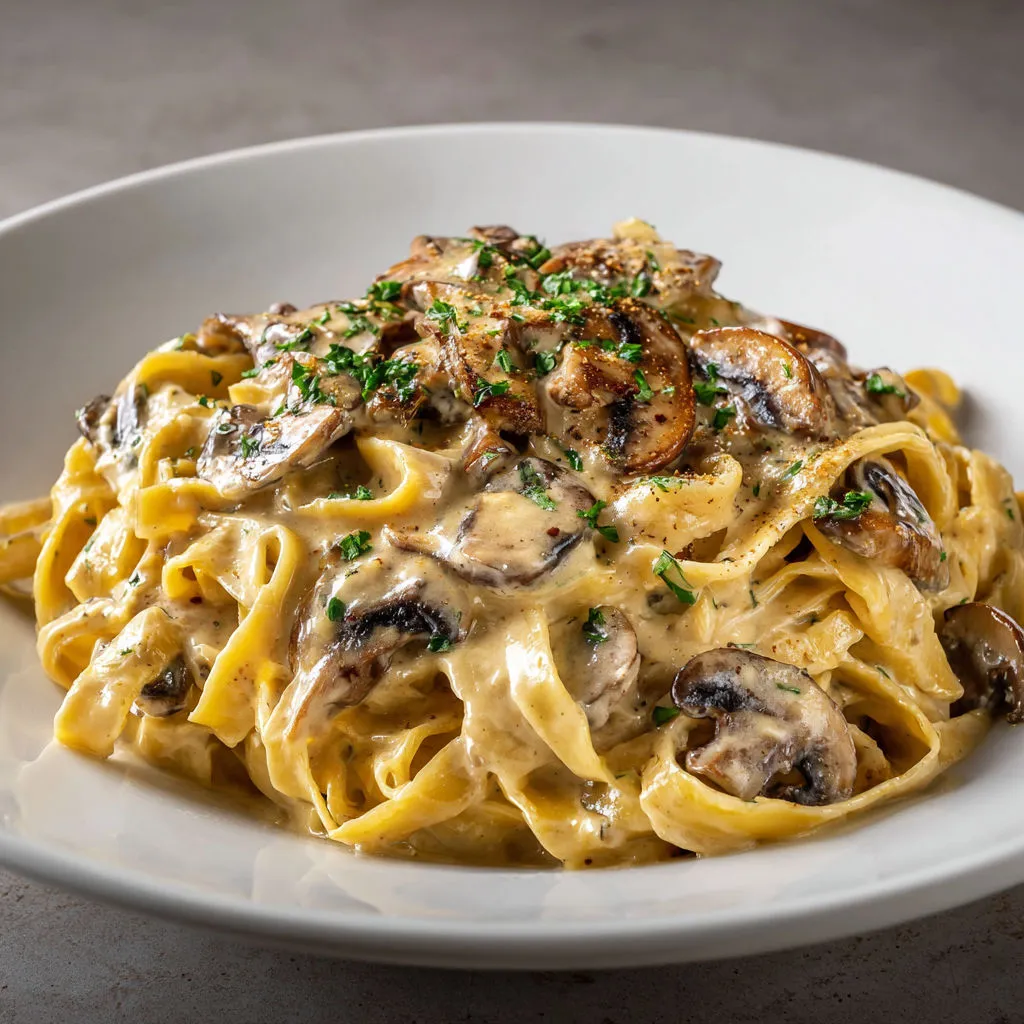 Pâtes savoureuses et champignons forestiers dorés avec touche de persil plat le tout bien enrobé dans une sauce simple et parfumée.