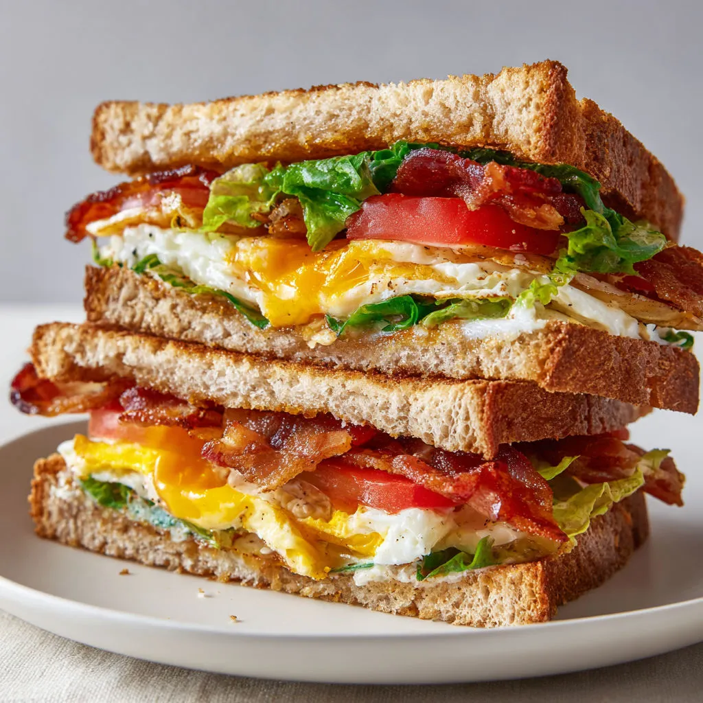 Sandwich croustillant avec bacon grillé, œuf plat, laitue croquante et tomate juteuse, tenu par du fromage frais.