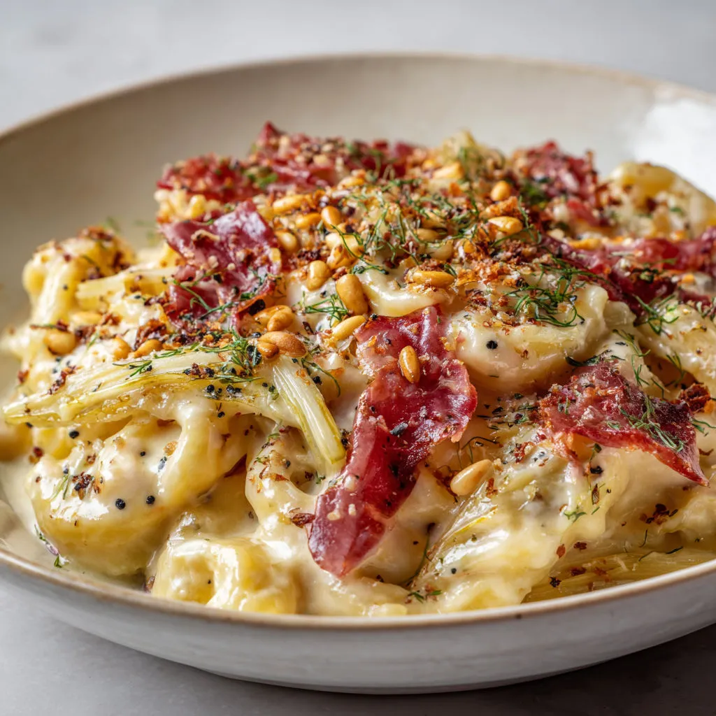 Pâtes onctueuses à la coppa et fenouil, gourmandes de crème, ail, oignon et parmesan.