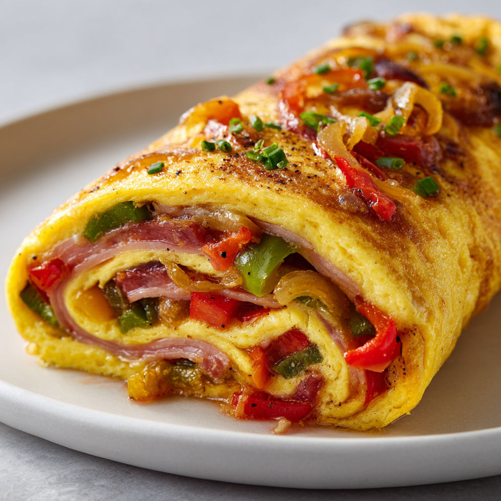 Une appétissante omelette roulée au jambon de Bayonne joliment présentée.