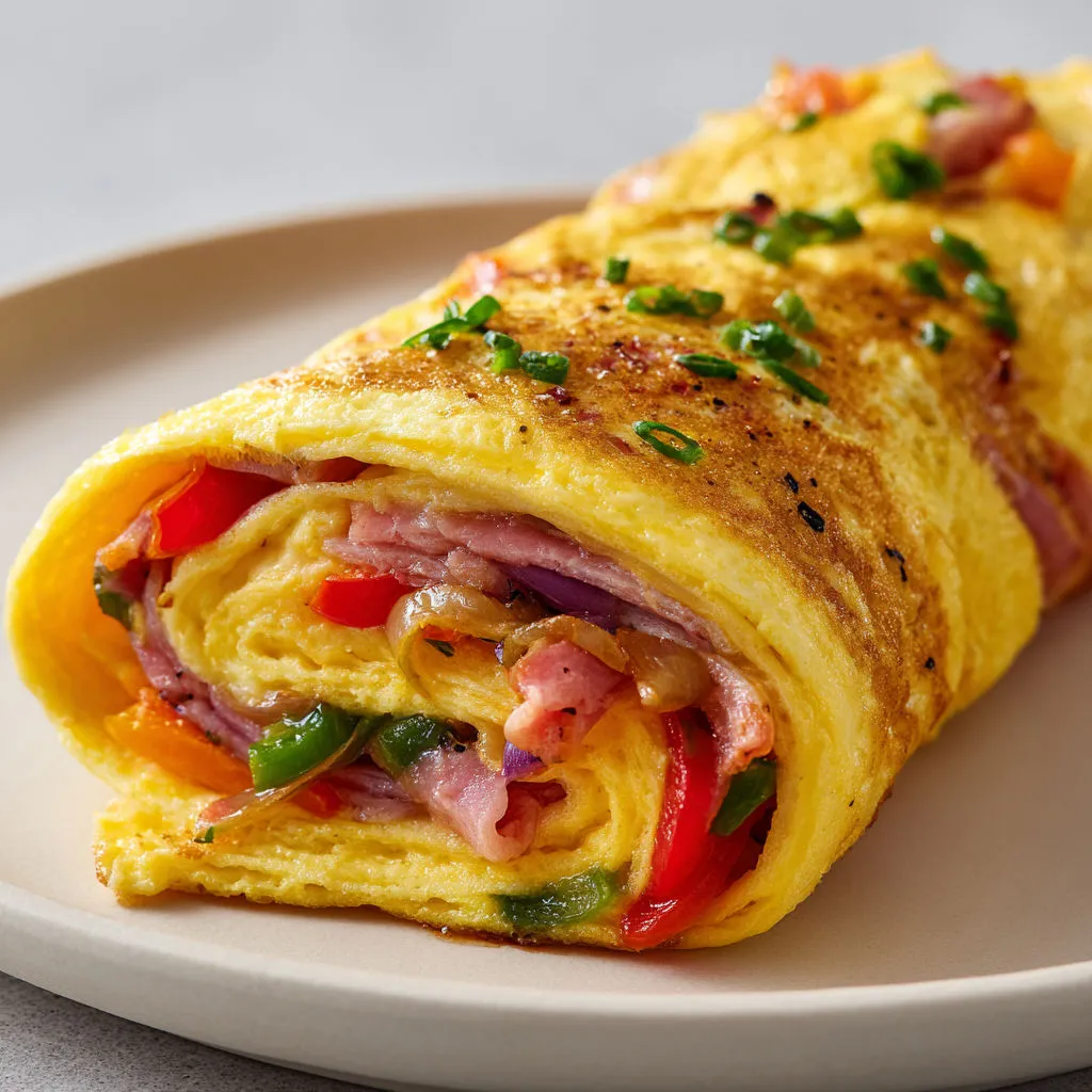 Omelette ultra moelleuse avec poivrons fondus, oignons doux et jambon de Bayonne salé, roulée pour un effet maison irrésistible.