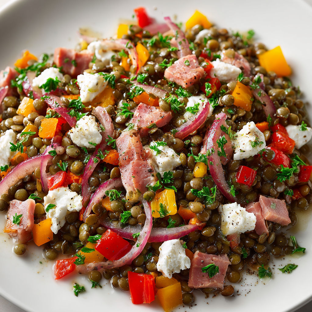 Un plat de lentilles fraîches avec légumes croquants et fromage, servi joliment sur un plateau.