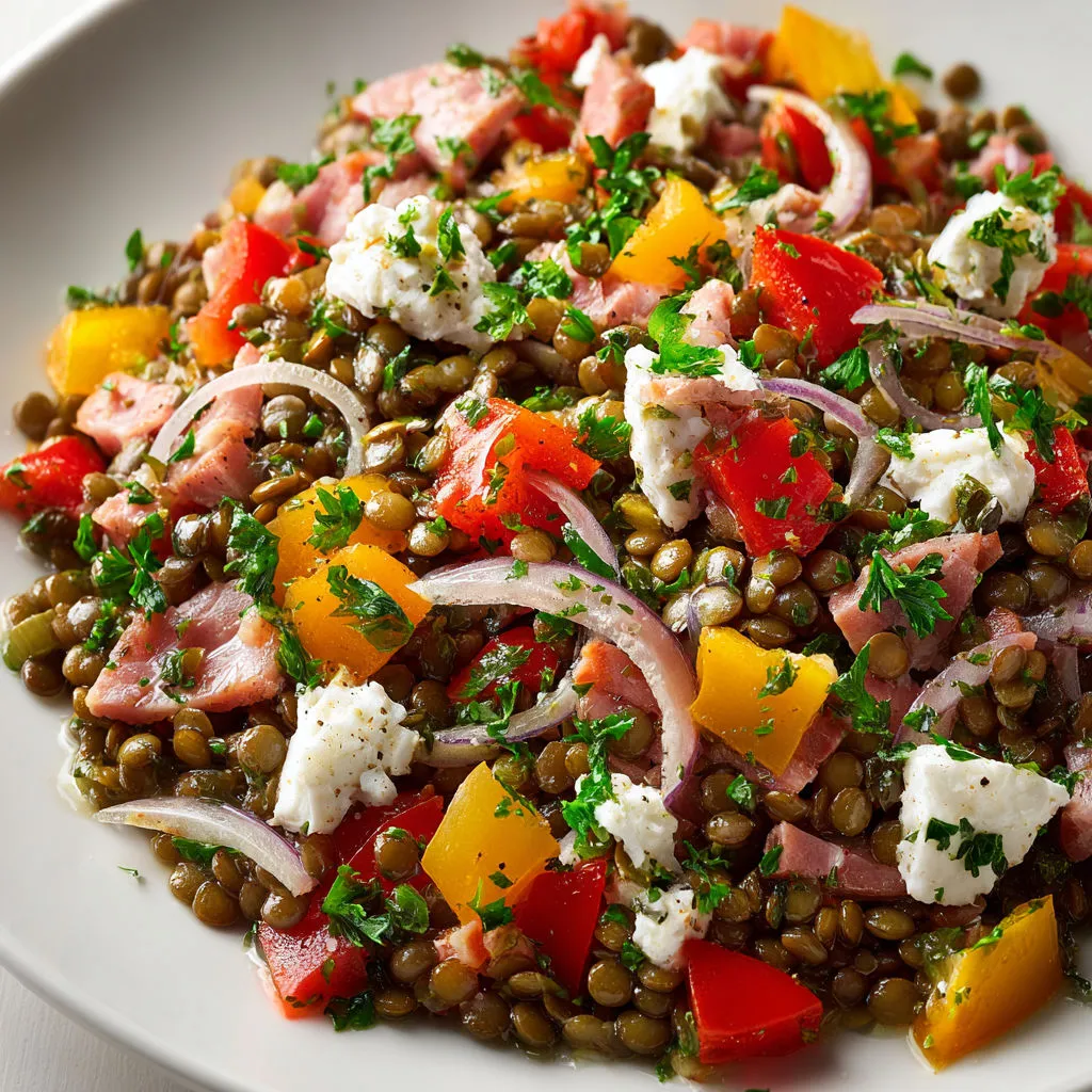 Lentilles vertes goûteuses avec échalotes, poivrons bien frais, feta et une sauce huile d’olive vinaigrée simple.