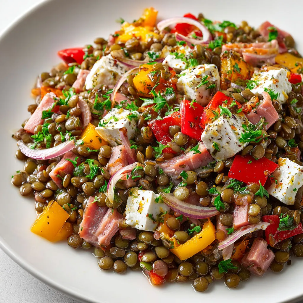 Plat frais complet, servi en entrée ou repas léger, feta et jambon apportent la touche gourmande optionnelle.