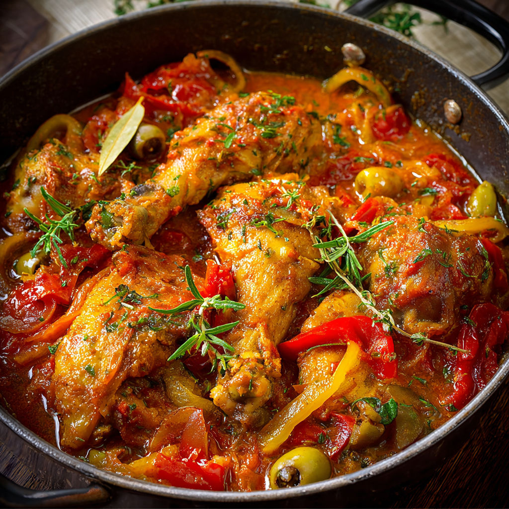 Poulet basquaise mijoté avec légumes fondants, comme chez grand-mère.