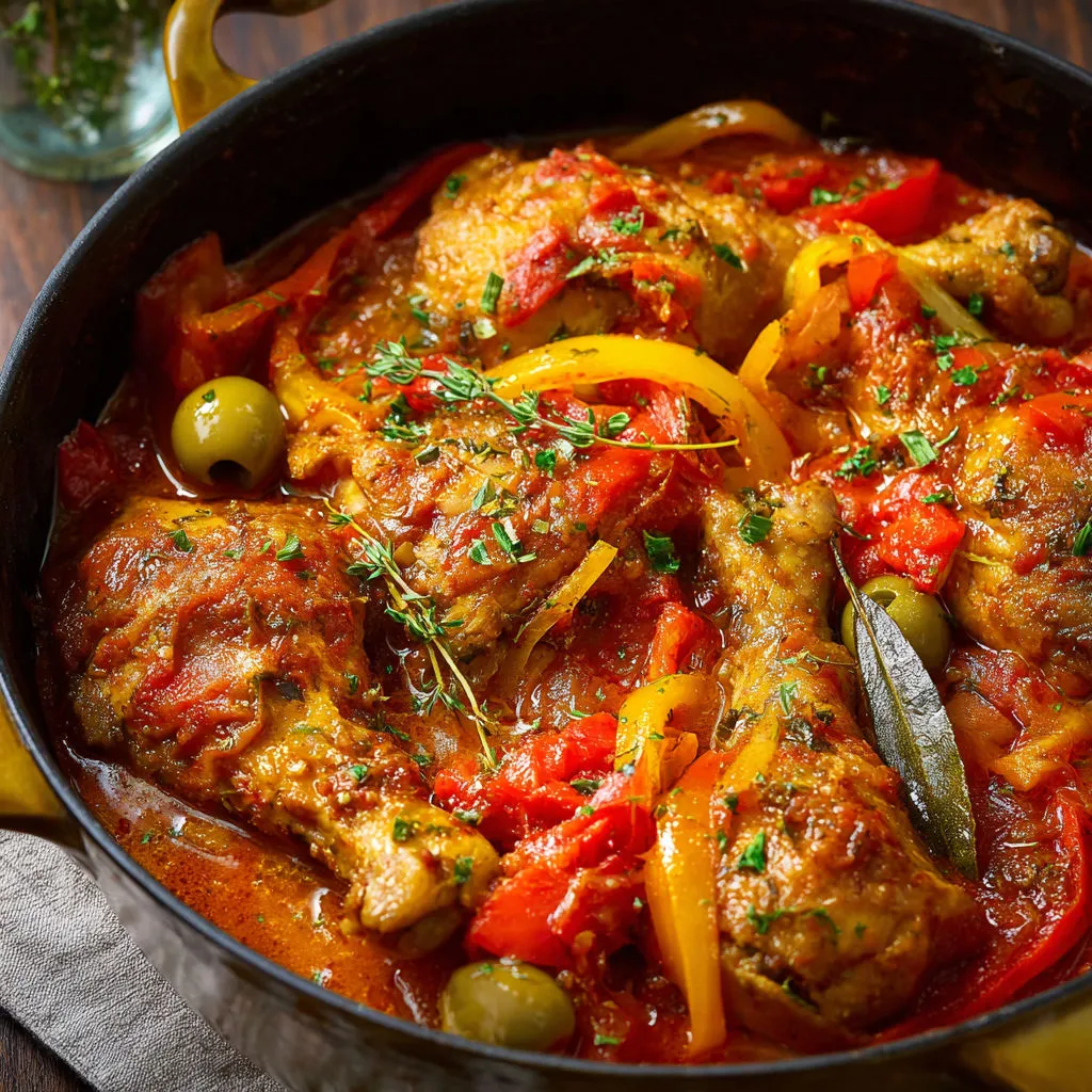 Poulet basquaise mijoté avec poivrons fondants, tomates bien mûres et olives, parfumé de thym, laurier et piment d’Espelette.