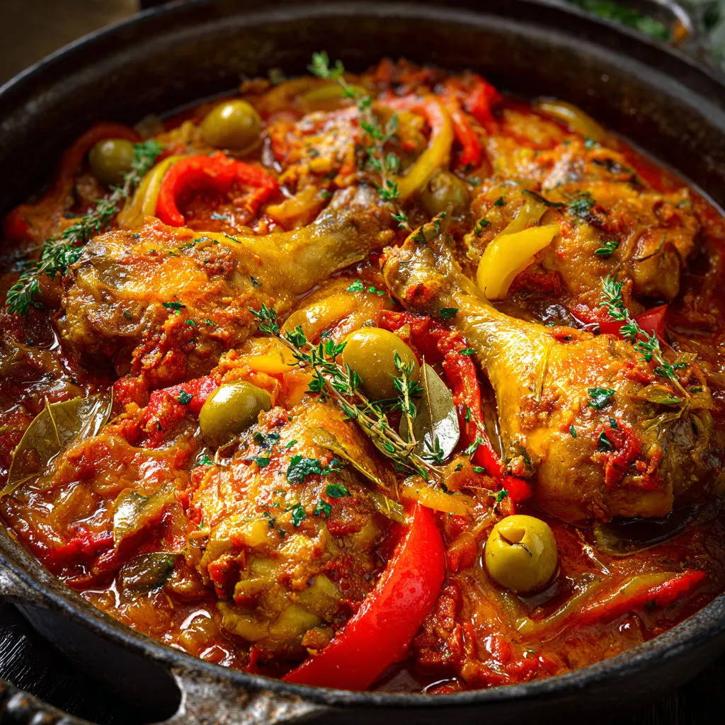 Plat classique du Sud-Ouest coloré, généreux et tout doux où le poulet mijote lentement dans une sauce parfumée et un peu relevée.