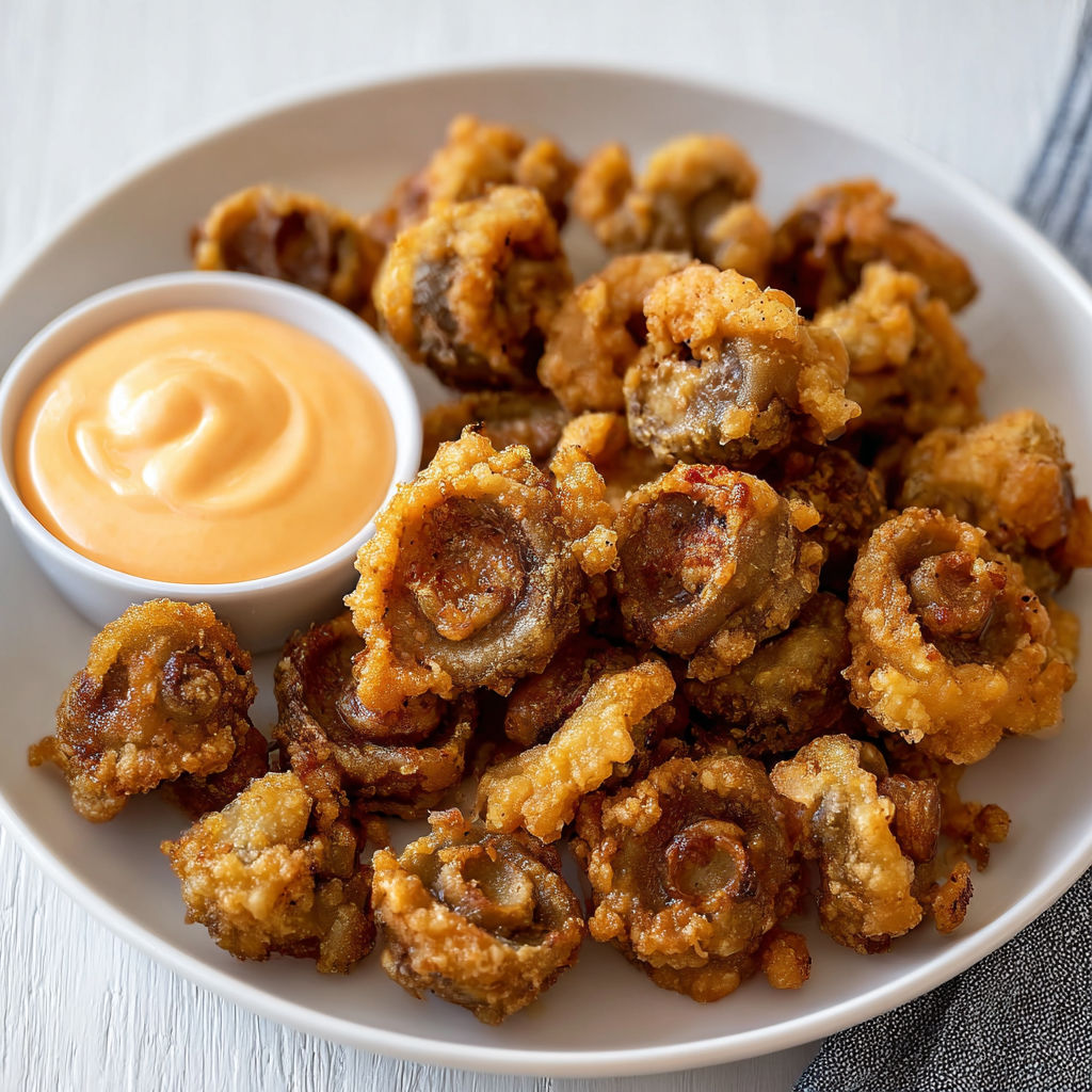 Assiette remplie de petits champignons frits dorés.