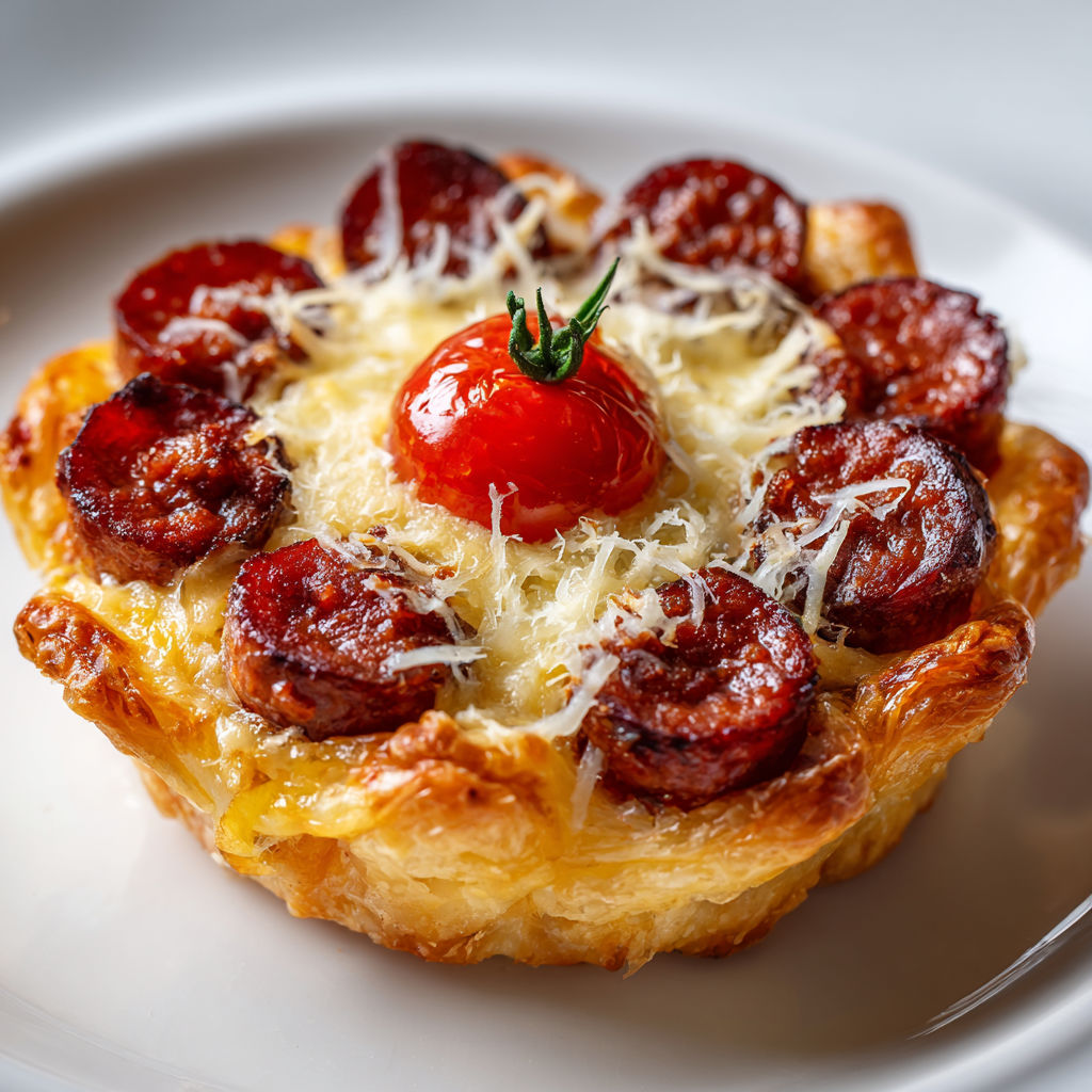 Une fleur feuilletée garnie de merguez servie en bouchée festive.