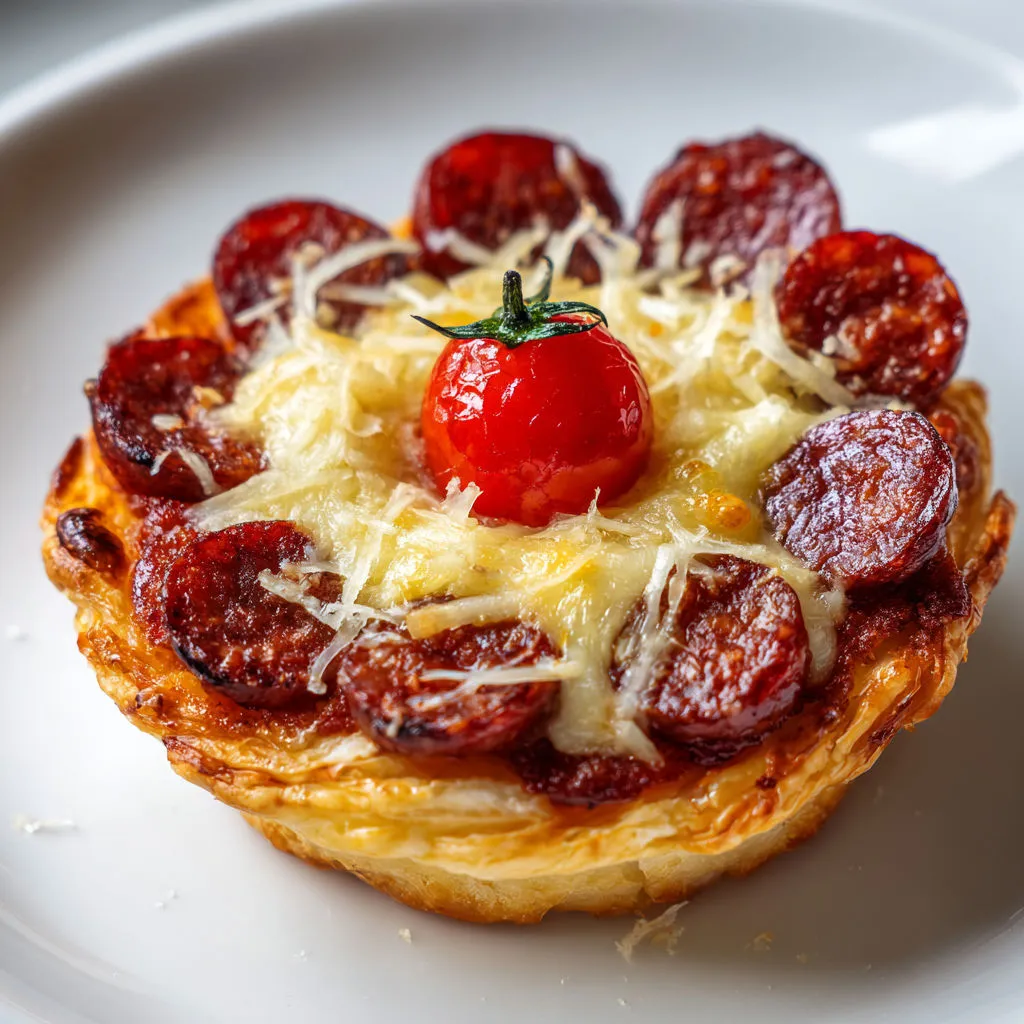 Une tartelette en fleur de merguez est servie sur un plateau.
