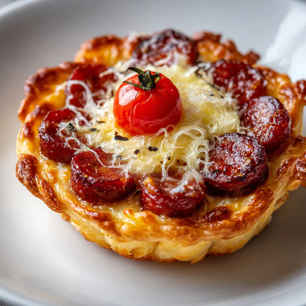 Une tartelette en fleur de merguez est servie sur un plateau.