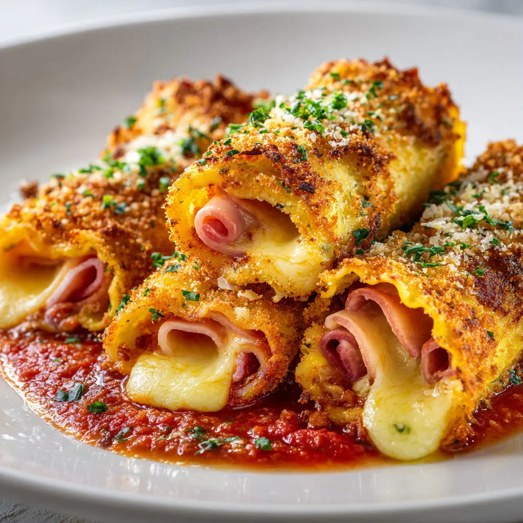 Lasagnes roulées ultra croustillantes au jambon tendre et emmental fondant, panées à la panko dorée.