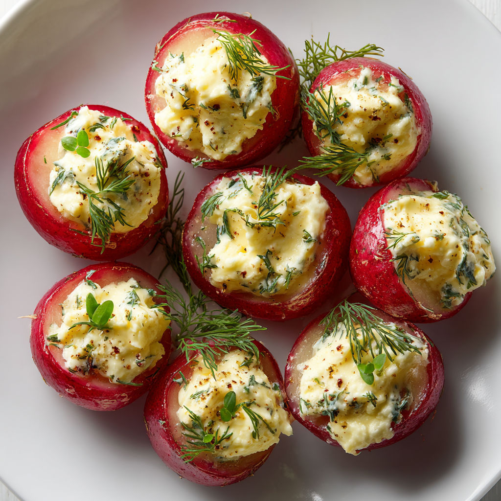 Radis farcis au fromage frais et œufs, avec aneth et citron pour encore plus de fraîcheur.