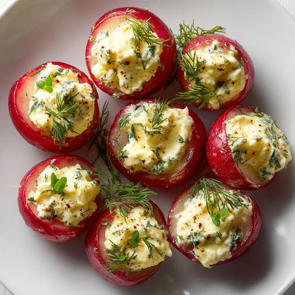 Radis farcis au fromage frais et œufs, avec aneth et citron pour encore plus de fraîcheur.