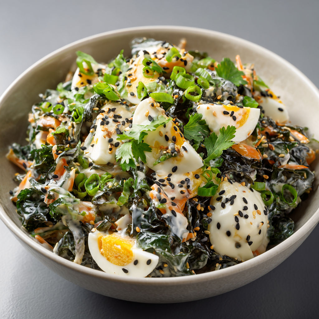 Fraîche salade d’algues wakamé, œufs et légumes croquants avec une vinaigrette asiatique soja-sésame.