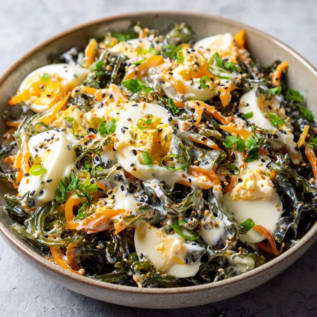 Salade printanière avec wakamé œufs durs et légumes croquants sublimée par une vinaigrette asiatique gourmande.
