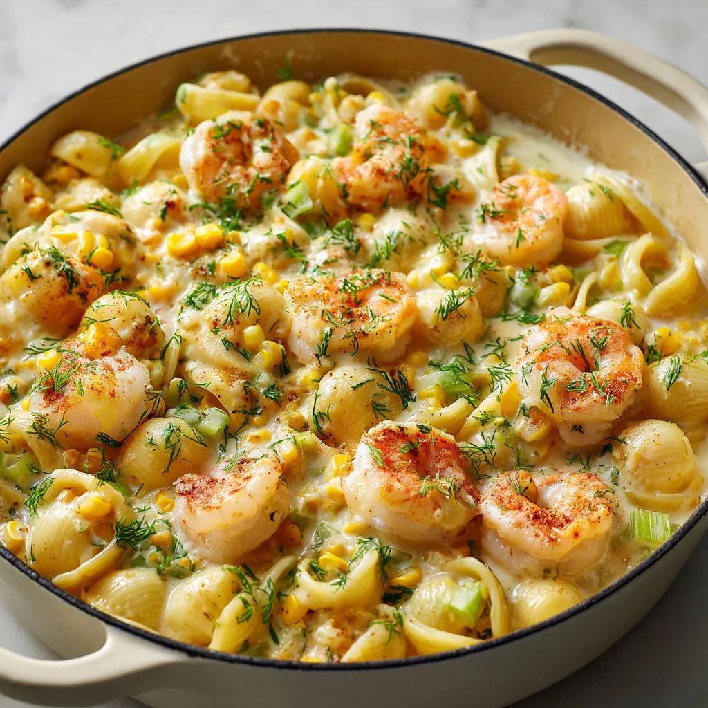 Pâtes onctueuses façon chaudrée au crevettes et maïs, ultra généreuses et réchauffantes.