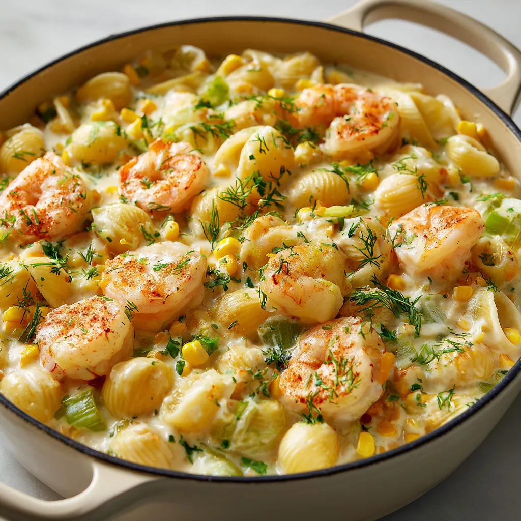 Coquillettes baignées dans une sauce crémeuse au bouillon, lait et légumes, garnies de crevettes et d’aneth frais.