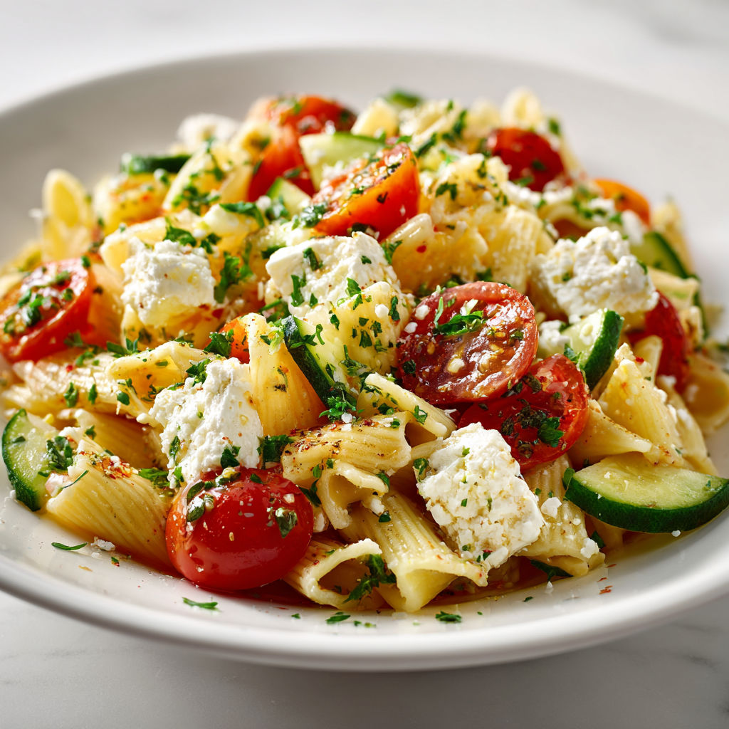 Un plat appétissant de salade mêlant pâtes, féta et tomates fraîches, présenté sur une assiette.