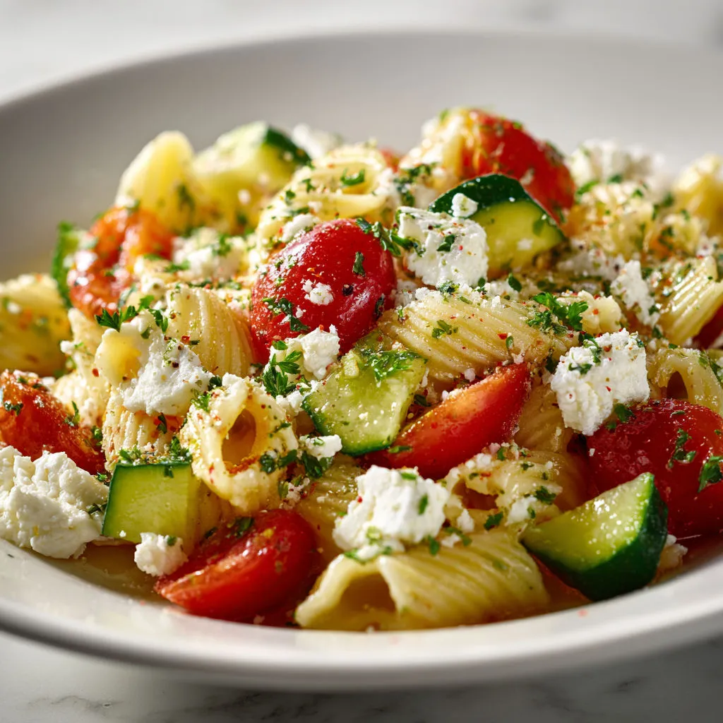 Salade de pâtes feta et légumes croquants bien fraîche.