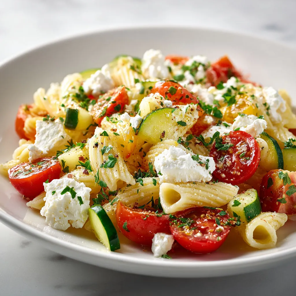 Salade fraîche de pâtes aux tomates cerises, concombre et féta.