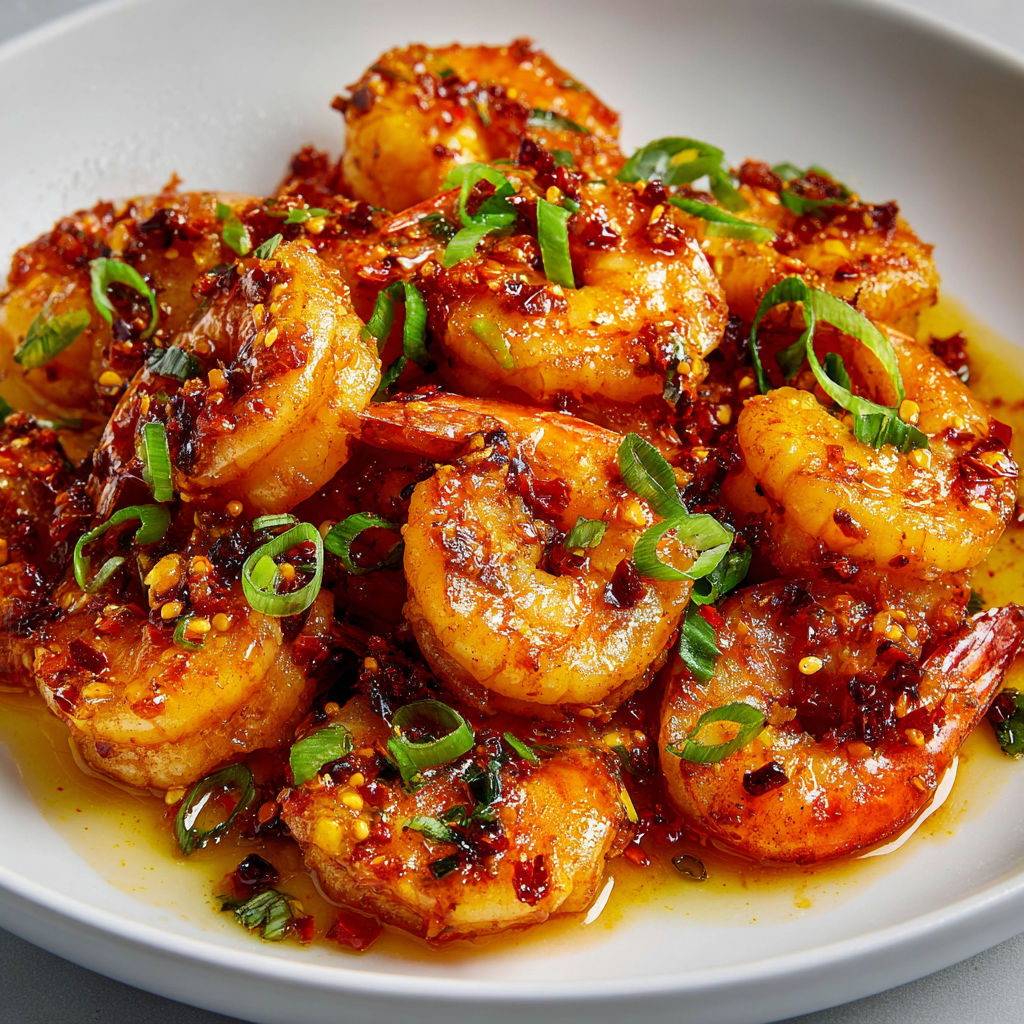 Un plat gourmand de crevettes sautées au chili crisp.