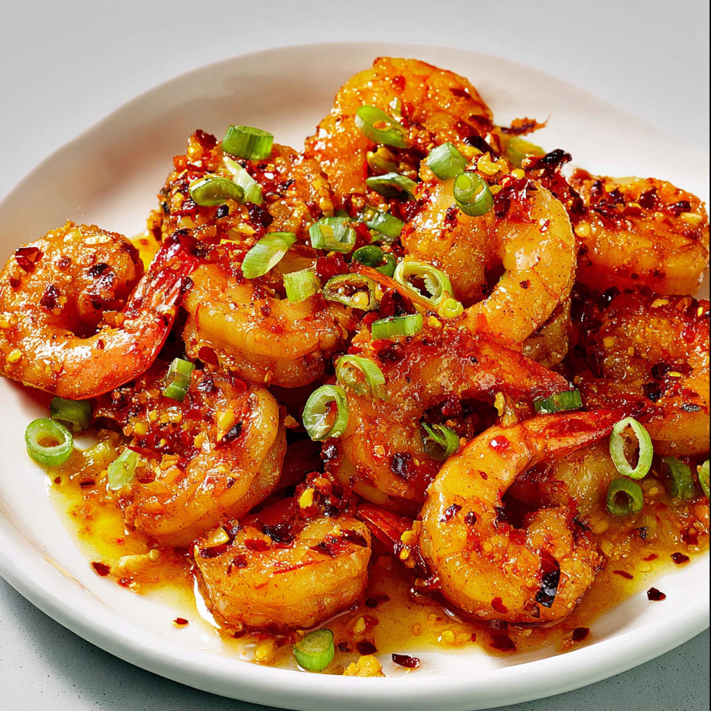 Crevettes dorées à la poêle nappées d'un condiment pimenté, servies avec oignon nouveau et riz.