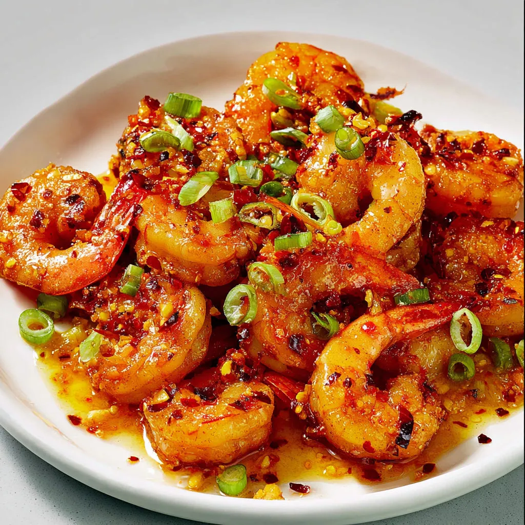 Crevettes dorées à la poêle nappées d'un condiment pimenté, servies avec oignon nouveau et riz.