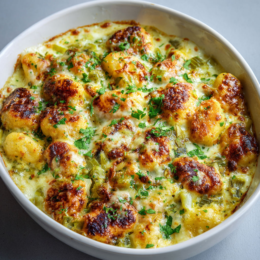 Plat au four combinant gnocchis dorés et poireaux fondants recouverts d’une sauce crémeuse et gratinés au fromage