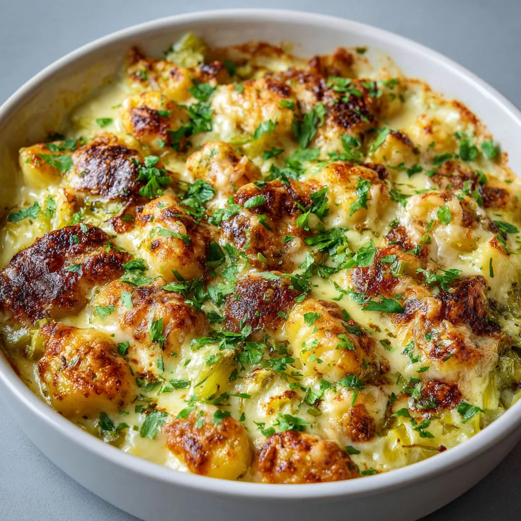 Gratin de gnocchis bien crémeux, poireaux tendres et fromage fondu tout doré.