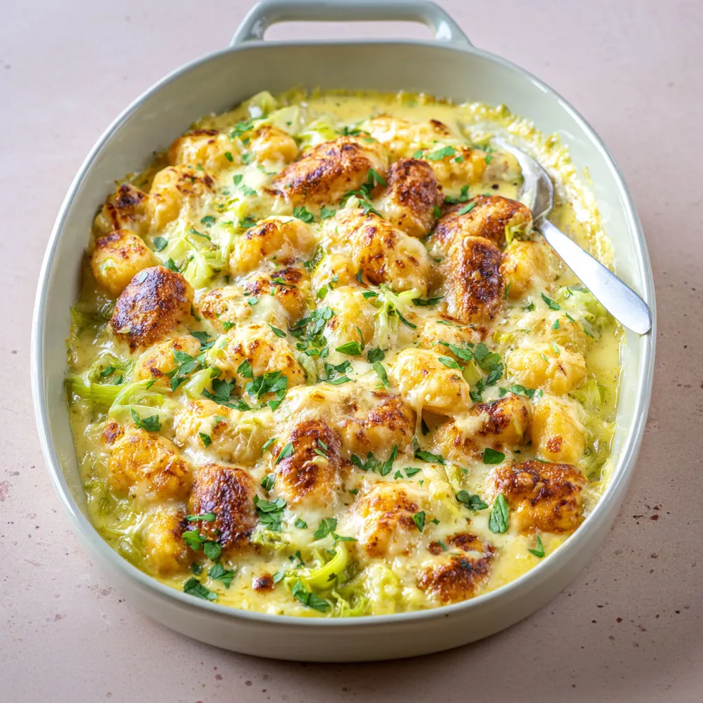 Gnocchis dorés, sauce crémeuse aux poireaux, un brin d’épices et gros gratin de fromage.