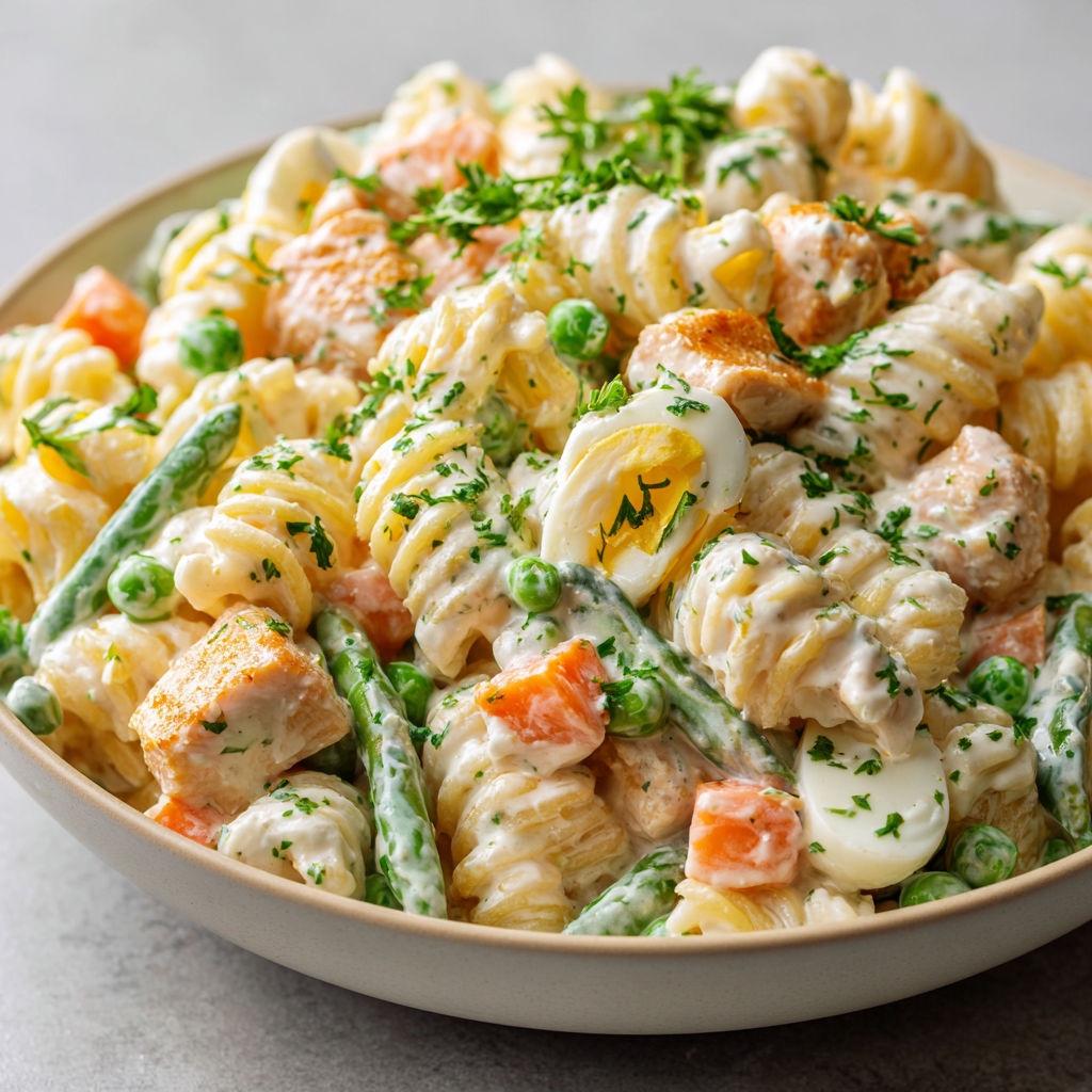 Un plat de pâtes avec poulet doré et légumes colorés.