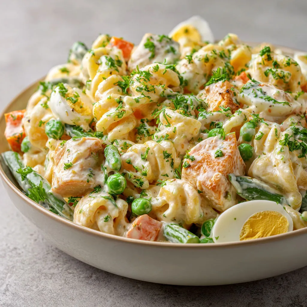 Pâtes au poulet et crudités, crémeux, simple et prêt d’avance.