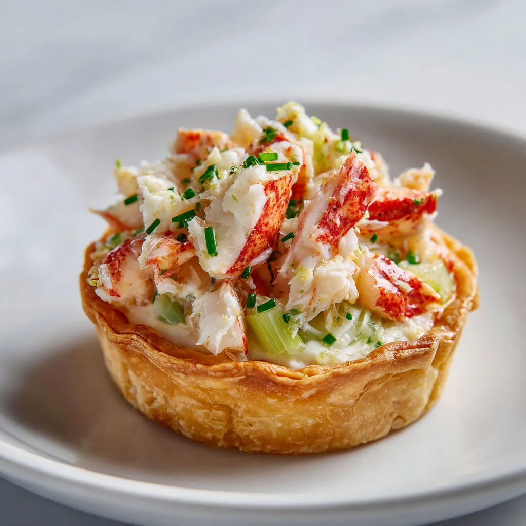 Une tartelette aux poireaux et au crabe posée sur un plateau.