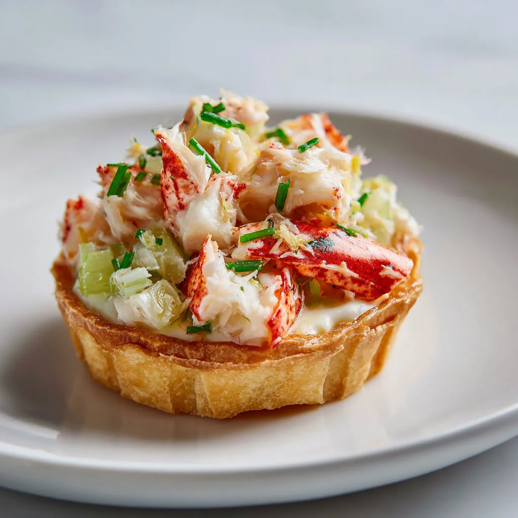 Une tartelette aux poireaux et au crabe posée sur un plateau.